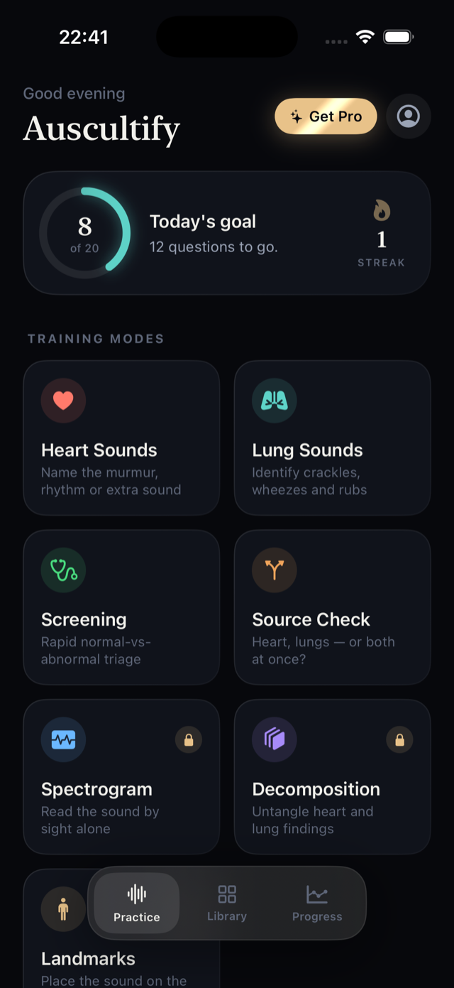 Auscultify practice home with daily goal ring and six training modes: heart sounds, lung sounds, screening, source check, spectrogram, decomposition