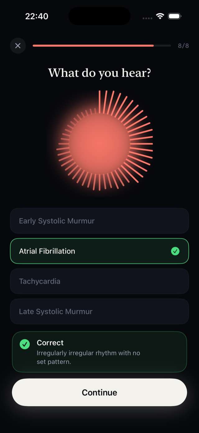 Auscultify heart sounds quiz — identifying atrial fibrillation by ear with instant feedback
