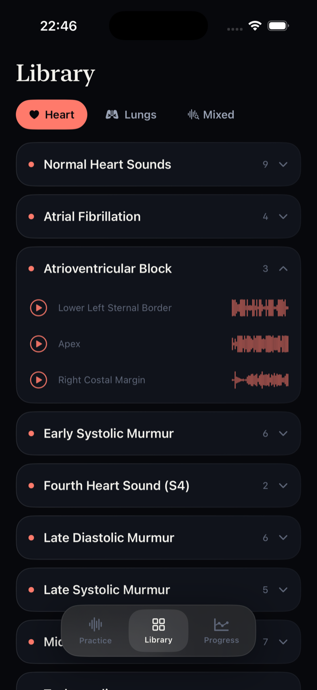 Sound library of heart recordings including atrial fibrillation, AV block, systolic murmurs and S4 at multiple auscultation sites